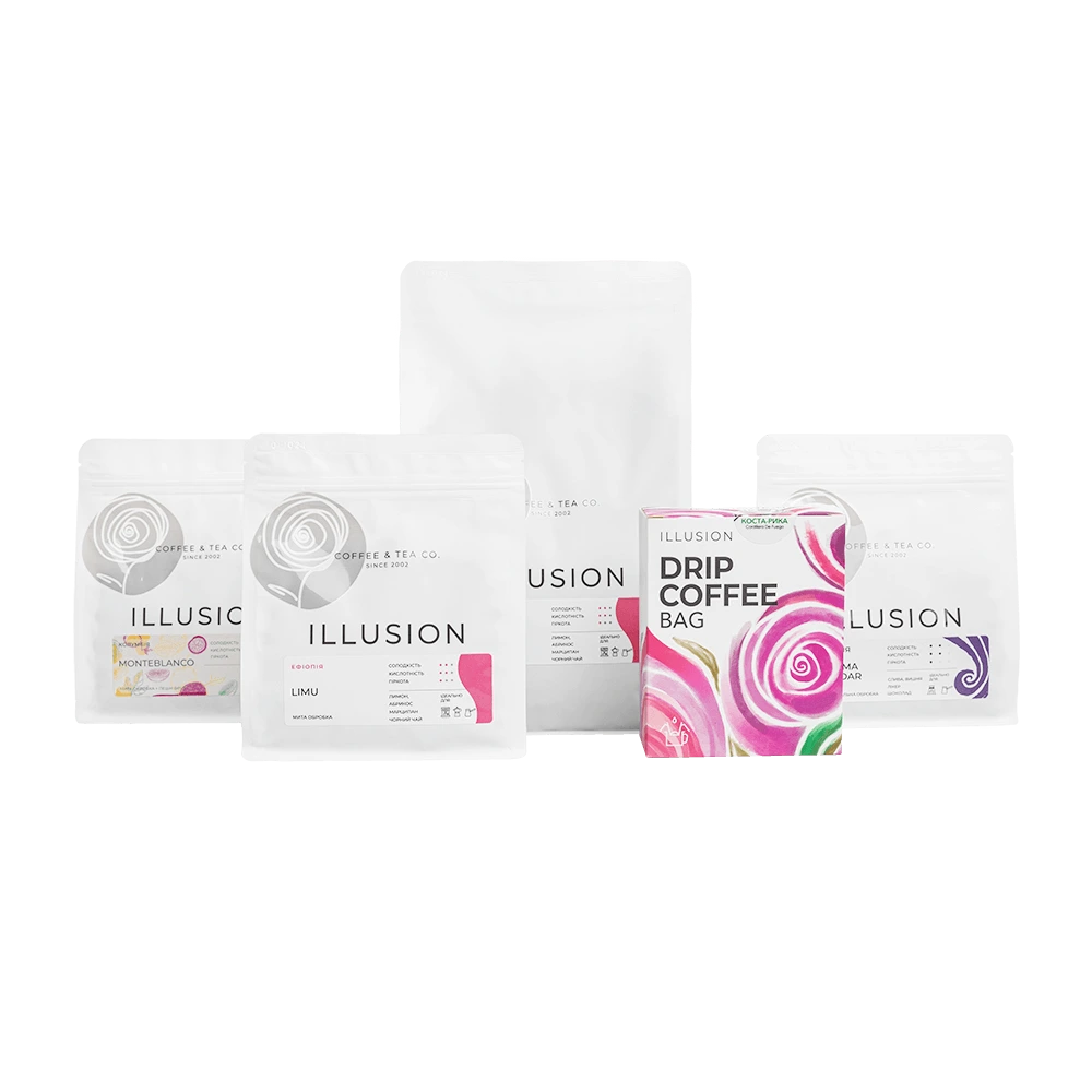 Асортимент кави Illusion у зерні та в дріпах